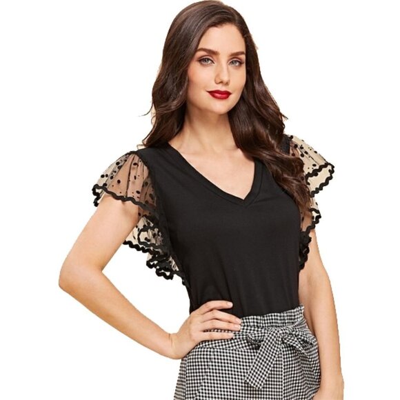 ❤️ 🆕 SHEIN Black Dot Contrast Mesh Sleeve V Neck Plain T-shirt SIZE EXTRA SMALL - Picture 1 of 4